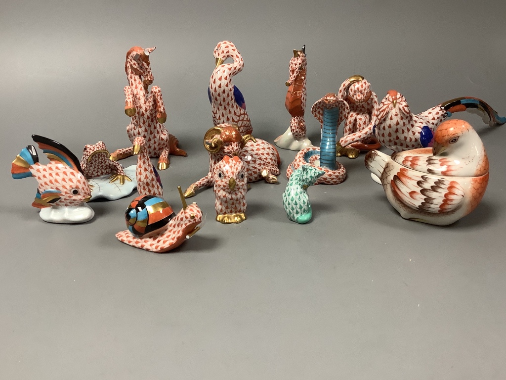 Fourteen various Herend red ‘fishnet’ animals models,